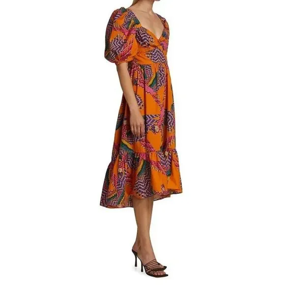FARMRio Macaw Puff-Sleeve Midi Dress